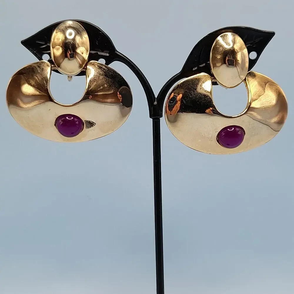 Vintage Chunky Dangle Clip Earrings, Purple Cabochons, Gold Tone, 1980s